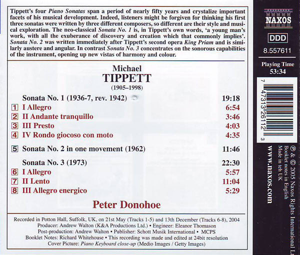 Sir Michael Tippett, Peter Donohoe : Piano Sonatas Nos. 1-3 (CD, Album)
