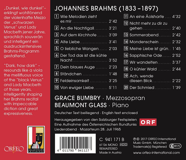 Johannes Brahms, Grace Bumbry, Beaumont Glass : Lieder (CD, Album, Mono, RM)