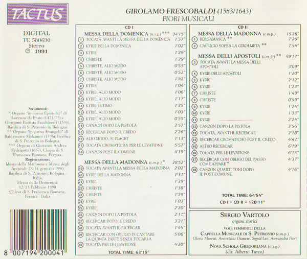 Girolamo Frescobaldi - Sergio Vartolo, Nova Schola Gregoriana, Cappella Musicale Di S. Petronio Di Bologna : Fiori Musicali (2xCD, Album)
