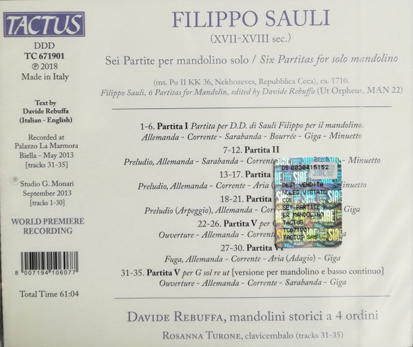 Filippo Sauli : Sei Partite per Mandolino Solo (CD, Album)
