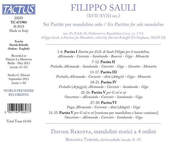 Filippo Sauli : Sei Partite per Mandolino Solo (CD, Album)