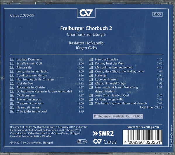 Rastatter Hofkapelle, Jürgen Ochs : Freiburger Chorbuch 2 (Chormusik zur Liturgie) (CD, Album)