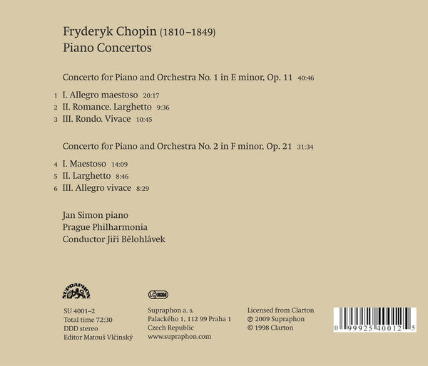 Frédéric Chopin, Jan Simon, Prague Philharmonia, Jiří Bělohlávek : Piano Concertos (CD, Album, RE)
