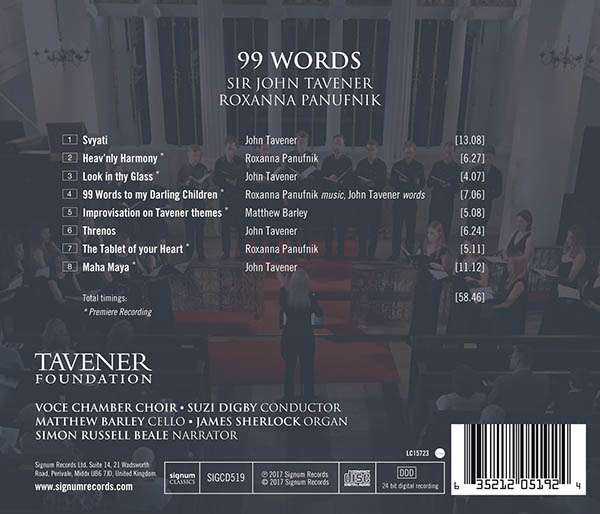 John Tavener, Roxanna Panufnik, Voce Chamber Choir, Suzi Digby, Matthew Barley, Simon Russell Beale, James Sherlock (2) : 99 Words (CD, Album)