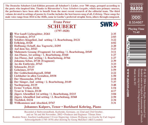 Franz Schubert, Johannes Kalpers, Burkhard Kehring : Schubert: Goethe Lieder 3 (CD, Album)
