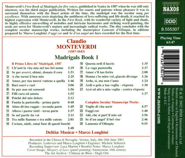 Claudio Monteverdi, Delitiæ Musicae, Marco Longhini (2) : Madrigals Book 1 (CD, Album)