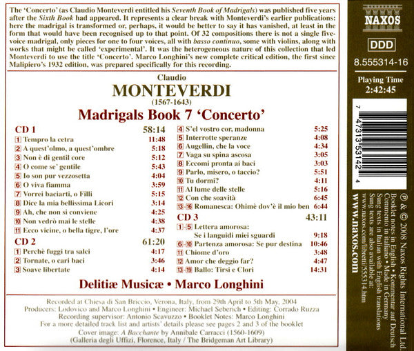 Claudio Monteverdi - Delitiæ Musicae, Marco Longhini (2) : Madrigals Book 7 ‘Concerto’ (3xCD, Album)