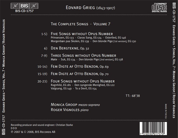 Edvard Grieg - Monica Groop, Roger Vignoles : The Complete Songs Vol.7 (CD, Album)