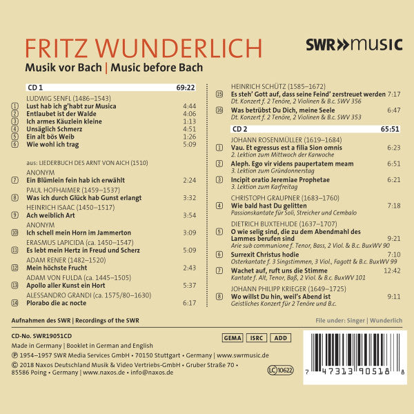 Fritz Wunderlich, Ludwig Senfl, Heinrich Isaac, Dieterich Buxtehude, Heinrich Schütz : Musik Vor Bach | Music Before Bach (2xCD, Comp, RM)