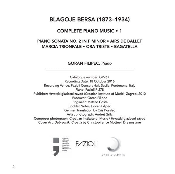Blagoje Bersa, Goran Filipec : Complete Piano Music • 1 (CD, Album)