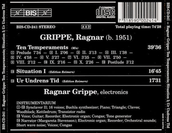 Ragnar Grippe : Ten Temperaments / Situation 1 / Ur Undrens Tid (CD, Album, RE)