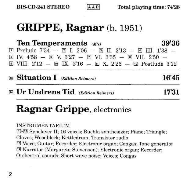 Ragnar Grippe : Ten Temperaments / Situation 1 / Ur Undrens Tid (CD, Album, RE)