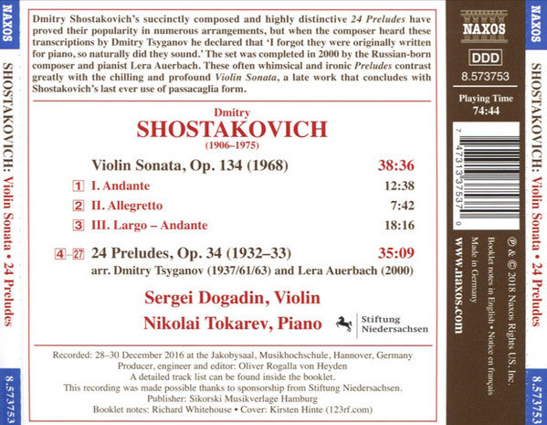 Dmitri Shostakovich, Sergeij Dogadin, Nikolai Tokarev : Violin Sonata; 24 Preludes (CD, Album)