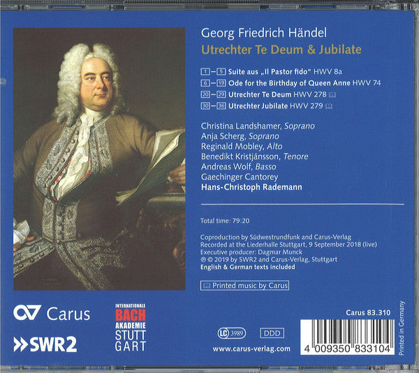 Georg Friedrich Händel / Christina Landshamer, Anja Scherg, Reginald Mobley, Benedikt Kristjánsson, Andreas Wolf, Gaechinger Cantorey, Hans-Christoph Rademann : Utrechter Te Deum & Jubilate (CD, Album)