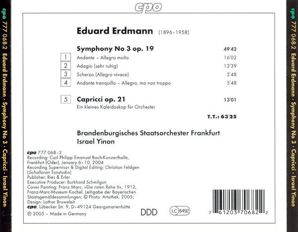 Eduard Erdmann - Brandenburgisches Staatsorchester Frankfurt, Israel Yinon : Symphony No 3 / Capricci (CD, Album)