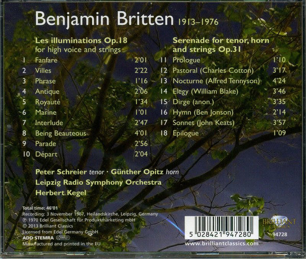 Benjamin Britten, Peter Schreier, Günther Opitz, Rundfunk-Sinfonie-Orchester Leipzig, Herbert Kegel : Serenade For Tenor, Horn And Strings, Les Illuminations (CD, Comp)