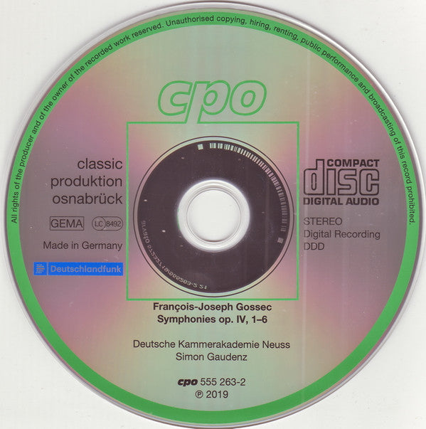 François-Joseph Gossec, Deutsche Kammerakademie Neuss, Simon Gaudenz : Symphonies Op. IV (CD)