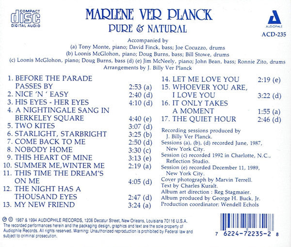 Marlene VerPlanck : Pure & Natural (CD, Album, RE)