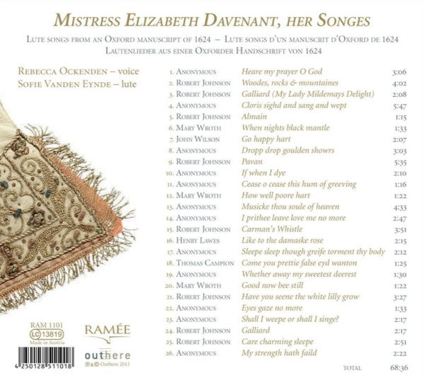 Rebecca Ockenden, Sofie Vanden Eynde : Mistress Elizabeth Davenant, Her Songes (CD)