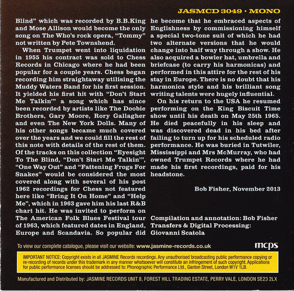 Sonny Boy Williamson (2) : Don't Start Me Talkin' I'll Tell Everything I Know: The Complete Checker Singles 1955-1962 (CD, Comp, Mono)