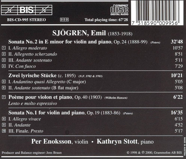 Emil Sjögren - Per Enoksson, Kathryn Stott : Violin Sonatas No. 1 & No. 2; Zwei Lyrische Stücke; Poème (CD, Album)
