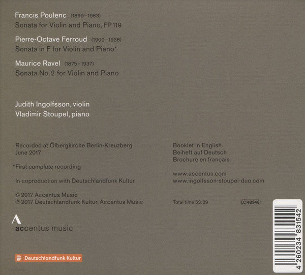 Francis Poulenc, Pierre-Octave Ferroud, Maurice Ravel - Judith Ingolfsson, Vladimir Stoupel : Poulenc, Ferroud, Ravel (CD, Album)