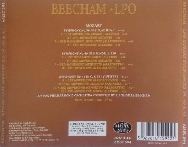 Wolfgang Amadeus Mozart - London Philharmonic Orchestra Conducted By Sir Thomas Beecham : Symphonies 39, 40 & 41 (CD, Album, Comp, RE)