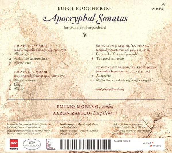 Luigi Boccherini, Emilio Moreno, Aarón Zapico : Apocryphal Sonatas for Violin And Harpsichord (CD, Album)