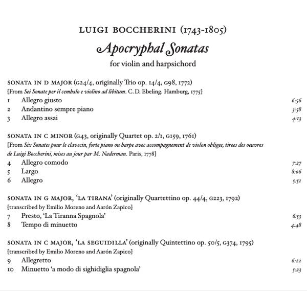 Luigi Boccherini, Emilio Moreno, Aarón Zapico : Apocryphal Sonatas for Violin And Harpsichord (CD, Album)