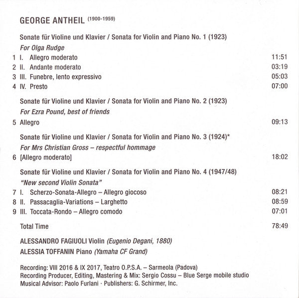 George Antheil, Alessandro Fagiuoli, Alessia Toffanin : Violin Sonatas (Complete Violin Music Vol. 1) (CD)