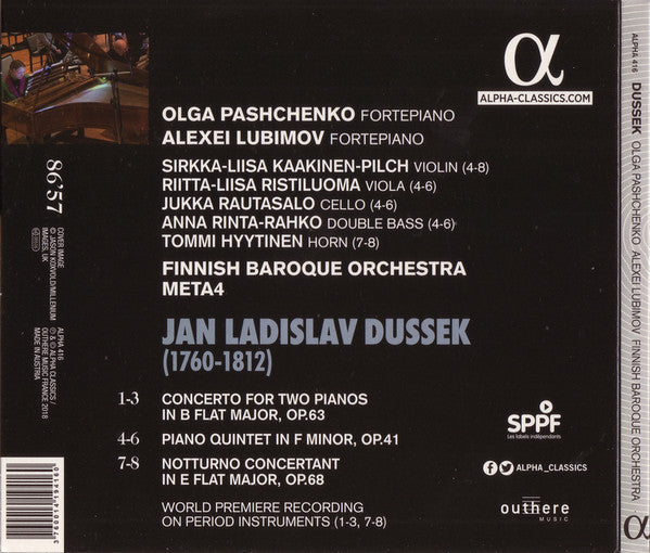 Jan Ladislav Dusík – Alexei Lubimov, Olga Pashchenko, Finnish Baroque Orchestra : Concertos For Two Pianos / Chamber Works (CD)