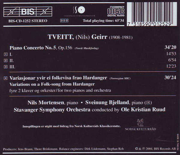 Geirr Tveitt, Nils Mortensen, Sveinung Bjelland, Stavanger Symfoniorkester, Ole Kristian Ruud : Piano Concerto No. 5; Variations On A Folk-Song From Hardanger (CD, Album)