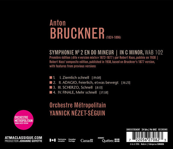 Anton Bruckner, Yannick Nézet-Séguin, Orchestre Métropolitain du Grand Montréal : Symphonie N° 2 En Do Mineur  (CD, Album)