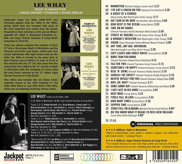 Lee Wiley : Night In Manhattan + Sings Vincent Youmans & Irving Berlin (CD, Comp, RM)