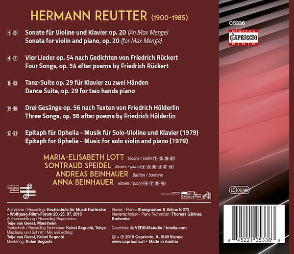 Hermann Reutter, Maria-Elisabeth Lott, Sontraud Speidel, Liedduo Andreas Und Anna Beinhauer : Chamber Music; Lieder; Piano Works (CD, Album)