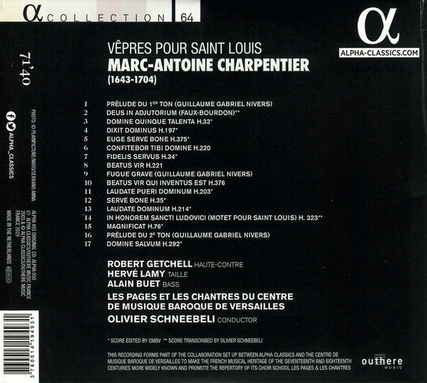 Marc Antoine Charpentier – Les Pages Et Les Chantres Du Centre De Musique Baroque De Versailles, Olivier Schneebelli : Vêpres Pour Saint Louis (CD, Album, RE)