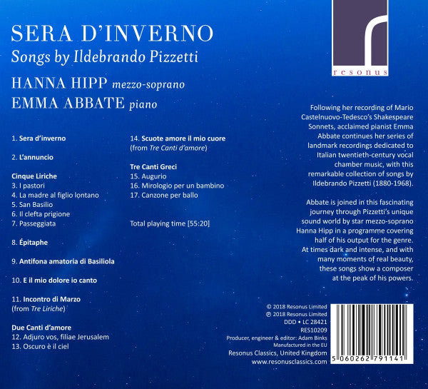 Hanna Hipp, Emma Abbate : Sera D'Inverno: Songs By Ildebrando Pizzetti (CD, Album)