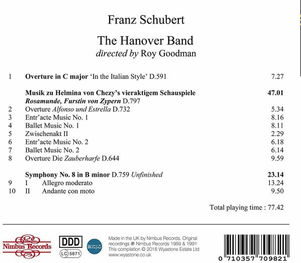 Franz Schubert, Hanover Band Directed Bt Roy Goodman : Overture In C Major In The Italian Style; Rosamunde - Incidental Music; Symphony No. 8 In B Minor " Unfinished "  (CD, Comp)