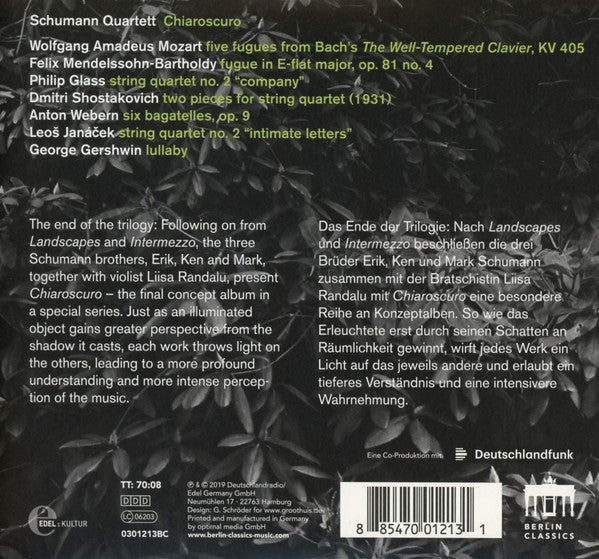 Schumann Quartett, Johann Sebastian Bach, Wolfgang Amadeus Mozart, Felix Mendelssohn-Bartholdy, Philip Glass, Dmitri Shostakovich, Anton Webern, Leoš Janáček, George Gershwin : Chiaroscuro (CD)