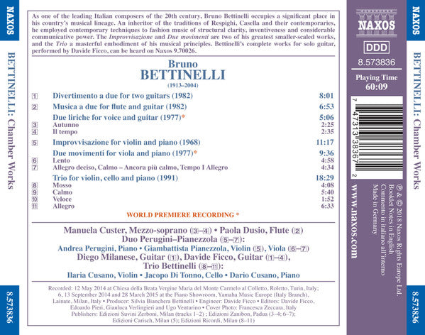 Bruno Bettinelli, Trio Bettinelli, Duo Perugini-Pianezzola, Manuela Custer, Paola Dusio, Davide Ficco, Diego Milanese : Chamber Music (CD, Album)