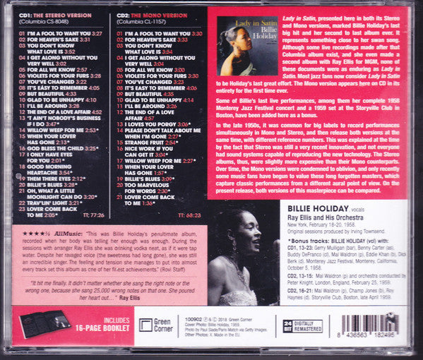 Billie Holiday : Lady In Satin - The Stereo & Mono Versions (2xCD, Album, Mono, RE, RM)