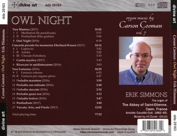 Carson Cooman, Erik Simmons : Owl Night: Music For Organ By Carson Cooman: Vol. 7 (CD, Album)