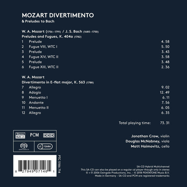 Wolfgang Amadeus Mozart, Jonathan Crow, Douglas McNabney, Matt Haimovitz : Mozart Divertimento & Preludes To Bach (SACD, Hybrid, Multichannel, Album)
