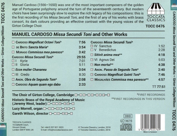 Manuel Cardoso (2), The Choir Of Girton College, Cambridge, Historic Brass Of The Royal Academy Of Music, Gareth Wilson : Missa Secundi Toni And Other Works (CD, Album)