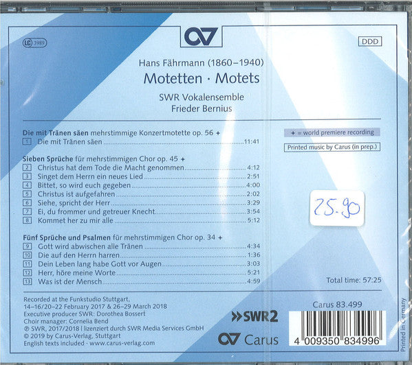 Hans Fährmann, SWR Vokalensemble Stuttgart, Frieder Bernius : Motetten Op. 34, 45, 56 (CD, Album)