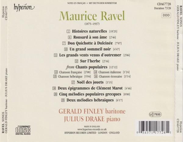 Maurice Ravel - Gerald Finley, Julius Drake : Songs by Ravel (CD, Album)