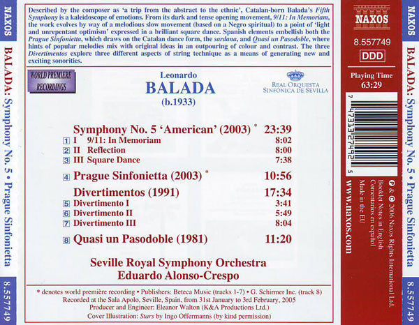 Leonardo Balada, Real Orquesta Sinfónica de Sevilla, Eduardo Alonso-Crespo : Symphony No. 5 'American' • Prague Sinfonietta (CD, Album)