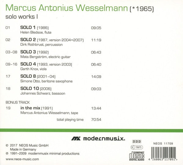 Marcus Antonius Wesselmann, Helen Bledsoe, Dirk Rothbrust, Mats Bergström, Garth Knox, Simone Otto, Johannes Schwarz : Solo Works I (CD, Album)