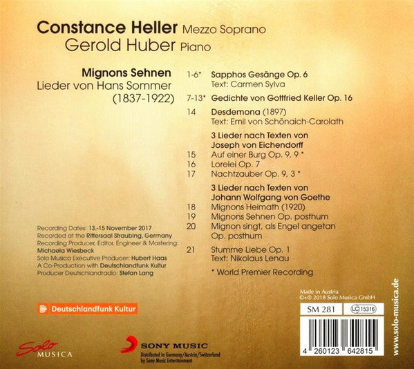 Constance Heller, Gerold Huber : Mignons Sehnen: Lieder von Hans Sommer (CD, Album)