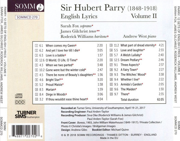 Charles Hubert Hastings Parry, Sarah Fox (3), James Gilchrist, Roderick Williams (3), Andrew West : Twelve Sets Of English Lyrics Volume II (CD, Album)